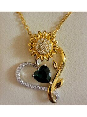 Gold Over Sterling Rotating Sunflower Green CZ Necklace NWT